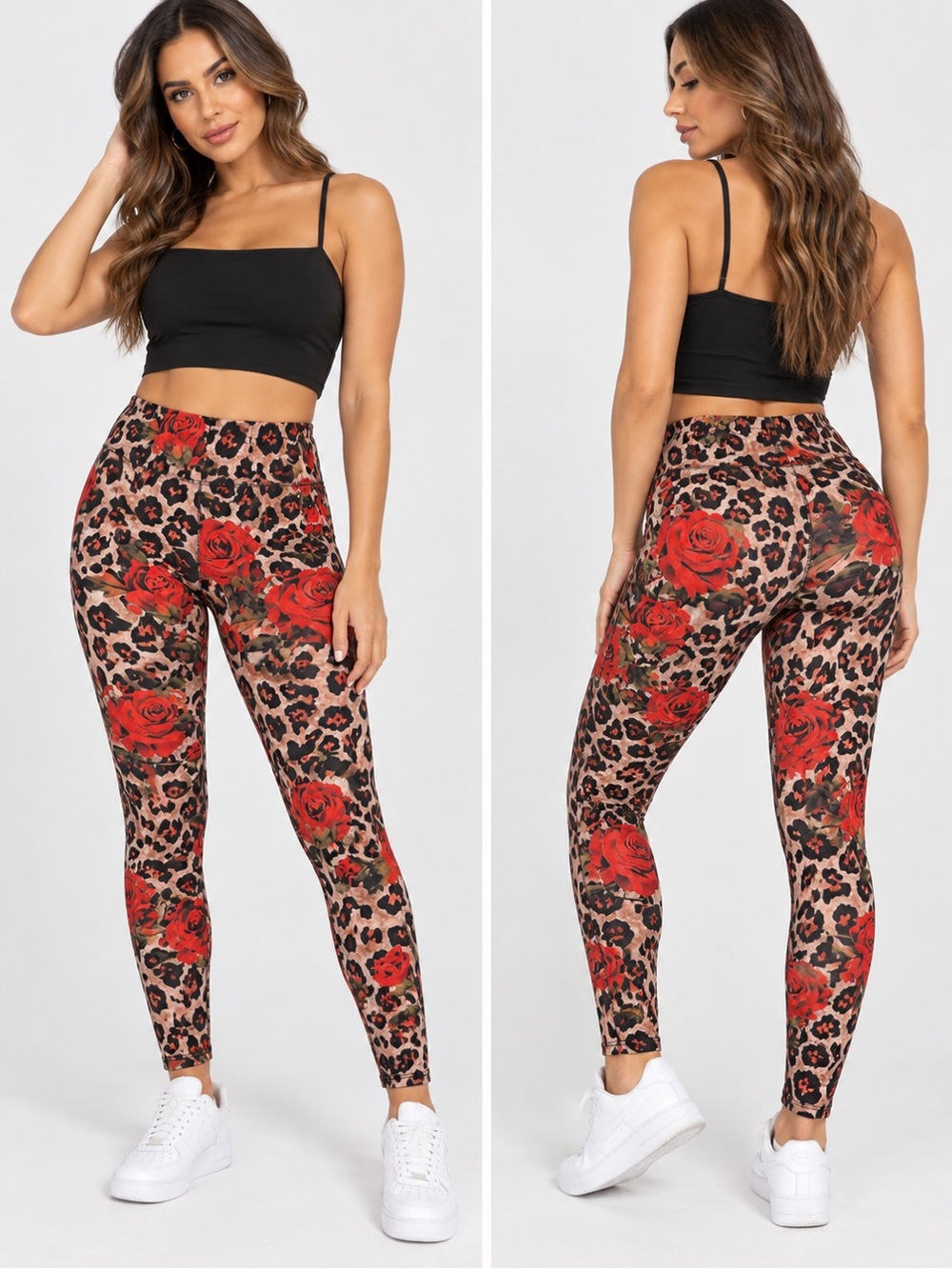 SHEIN Black Leopard Print Leggings with Red Rose Accents